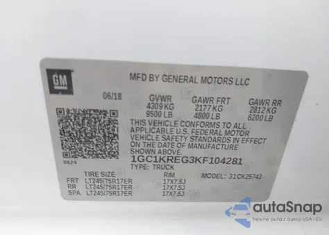 2019 Chevrolet Silverado 2500Hd Wt z USA, uszkodzony, nr VIN 1GC1KREG3KF104281